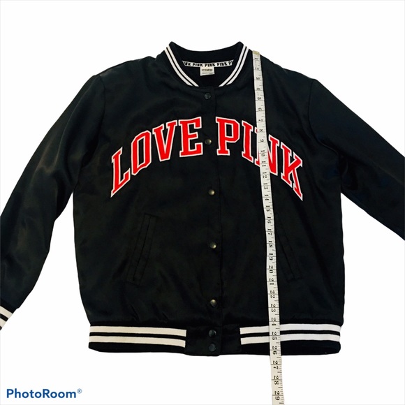 PINK Black Satin Bomber Jacket Coat Love Pink Logo - Picture 14 of 14
